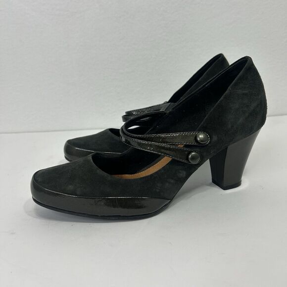 Clarks Diamond Suede Patent Leather Black Double Strap Mary Jane Heels Size 10M - Picture 3 of 7